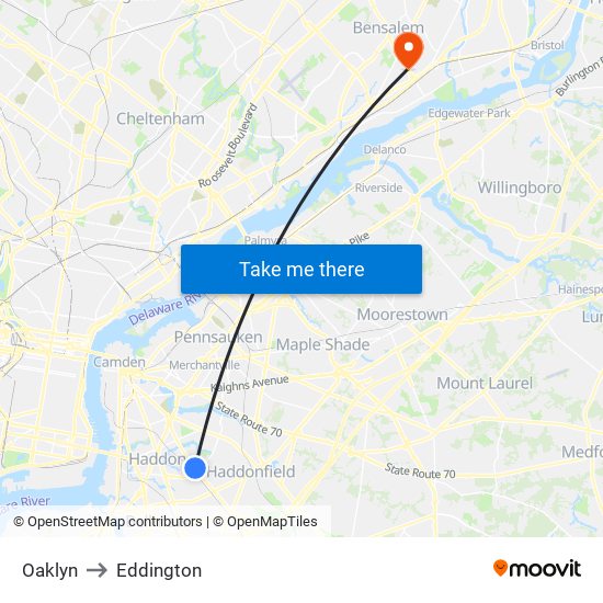Oaklyn to Eddington map