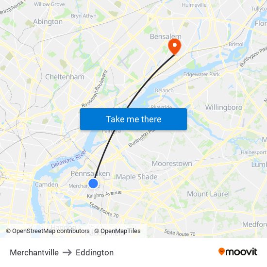 Merchantville to Eddington map