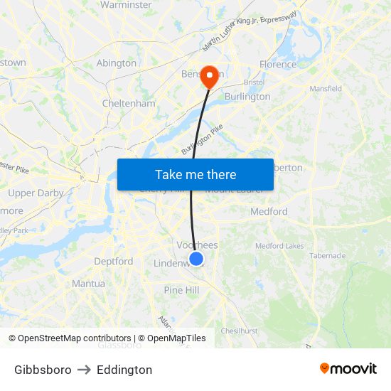 Gibbsboro to Eddington map