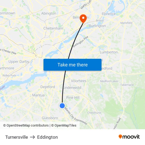 Turnersville to Eddington map