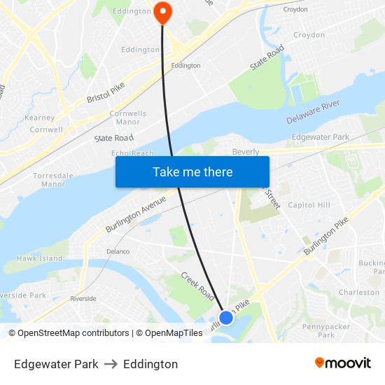 Edgewater Park to Eddington map