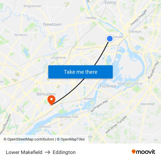 Lower Makefield to Eddington map