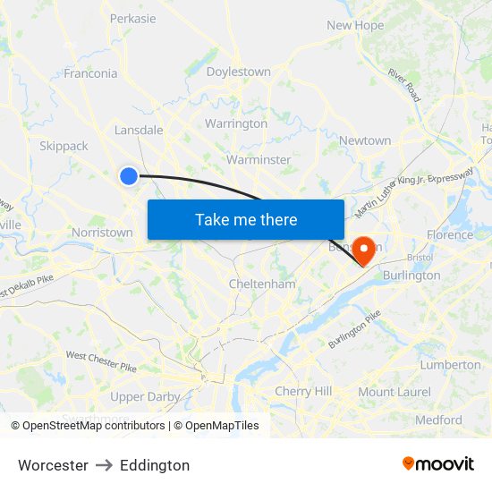 Worcester to Eddington map