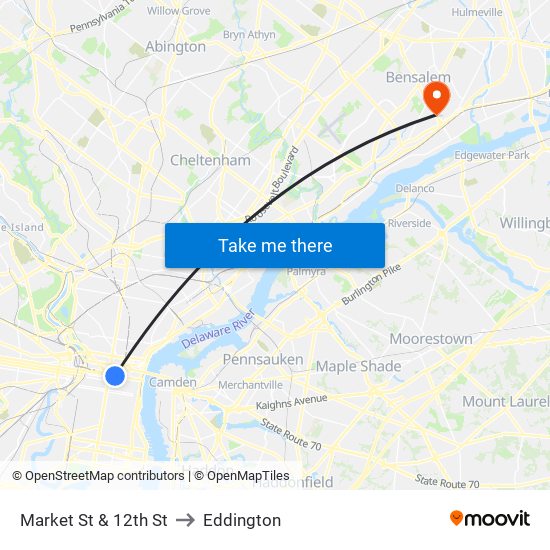 Market St & 12th St to Eddington map