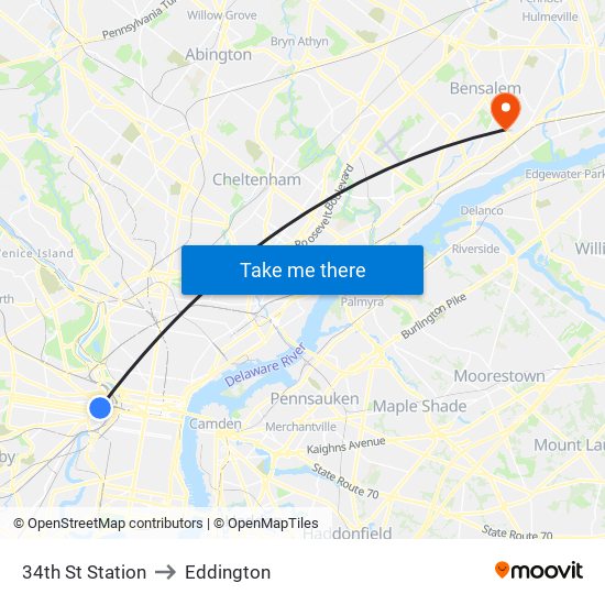 34th St Station to Eddington map