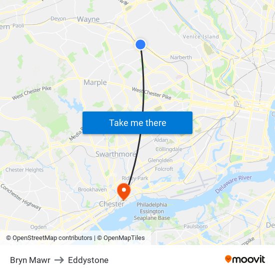 Bryn Mawr to Eddystone map