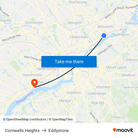 Cornwells Heights to Eddystone map