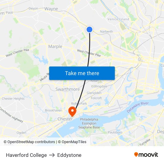 Haverford College to Eddystone map