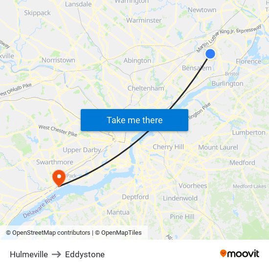 Hulmeville to Eddystone map