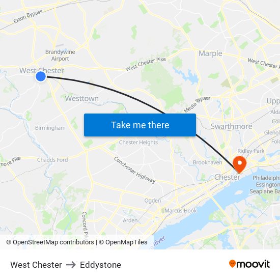 West Chester to Eddystone map