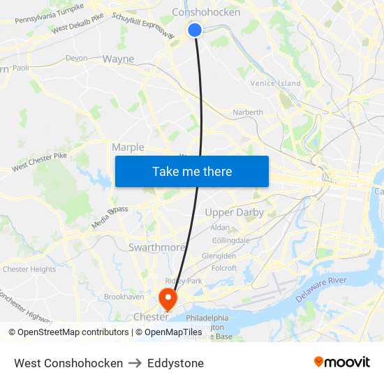 West Conshohocken to Eddystone map