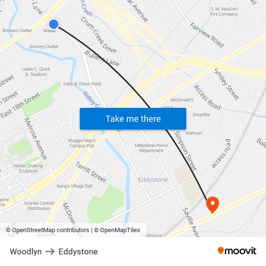 Woodlyn to Eddystone map