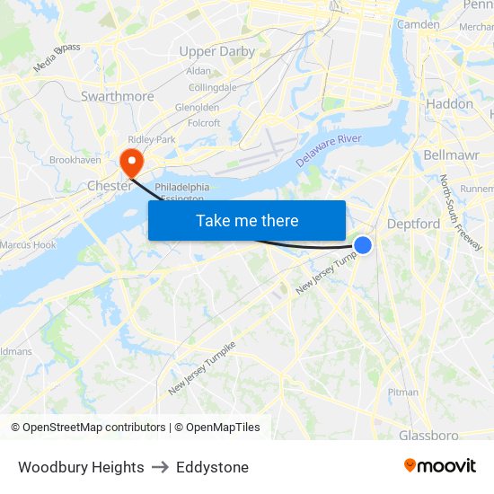 Woodbury Heights to Eddystone map