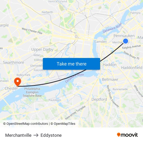 Merchantville to Eddystone map