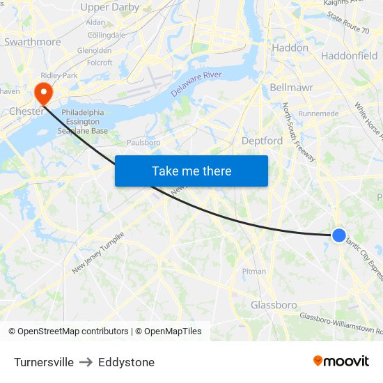 Turnersville to Eddystone map