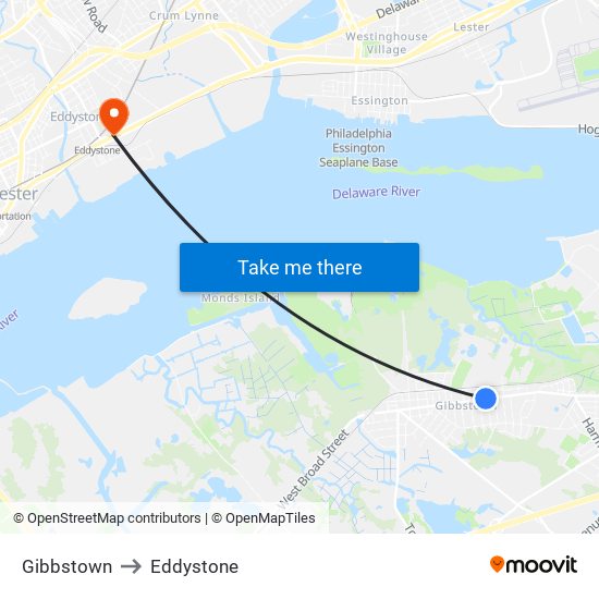 Gibbstown to Eddystone map