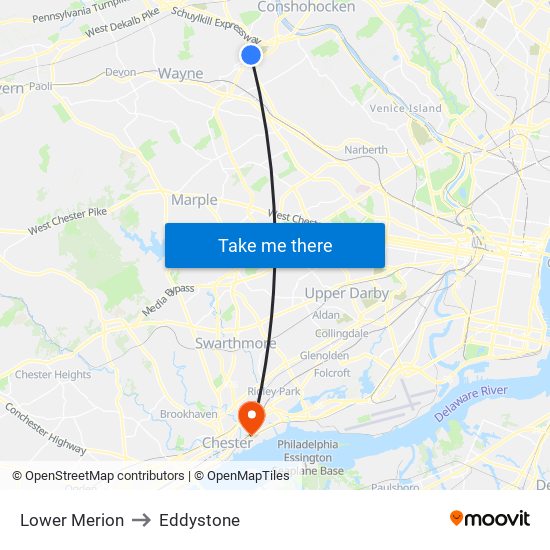 Lower Merion to Eddystone map