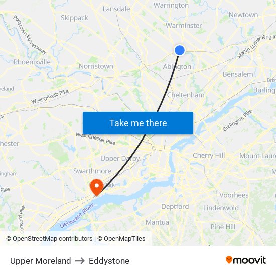 Upper Moreland to Eddystone map