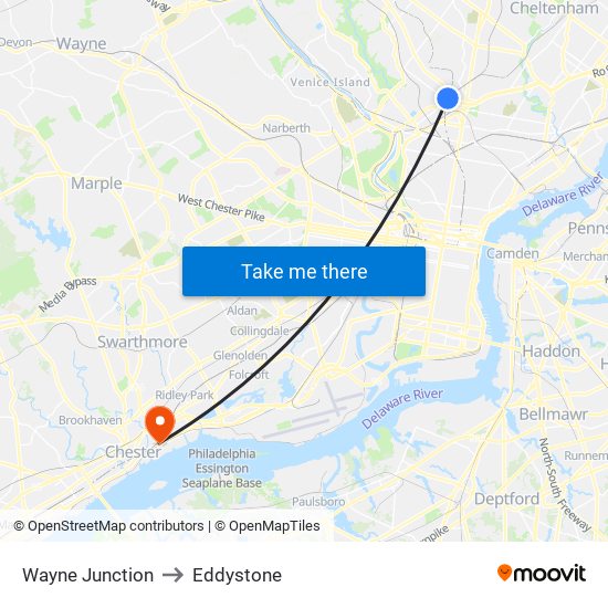 Wayne Junction to Eddystone map