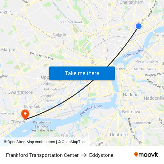 Frankford Transportation Center to Eddystone map