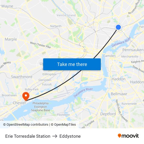 Erie Torresdale Station to Eddystone map