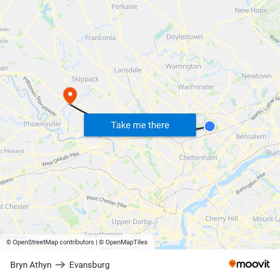 Bryn Athyn to Evansburg map