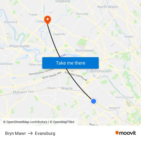 Bryn Mawr to Evansburg map