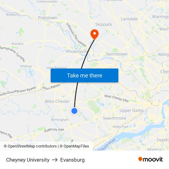 Cheyney University to Evansburg map