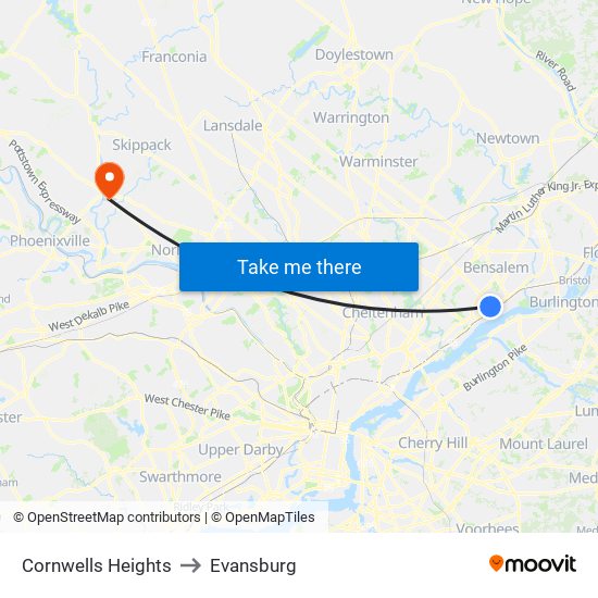 Cornwells Heights to Evansburg map