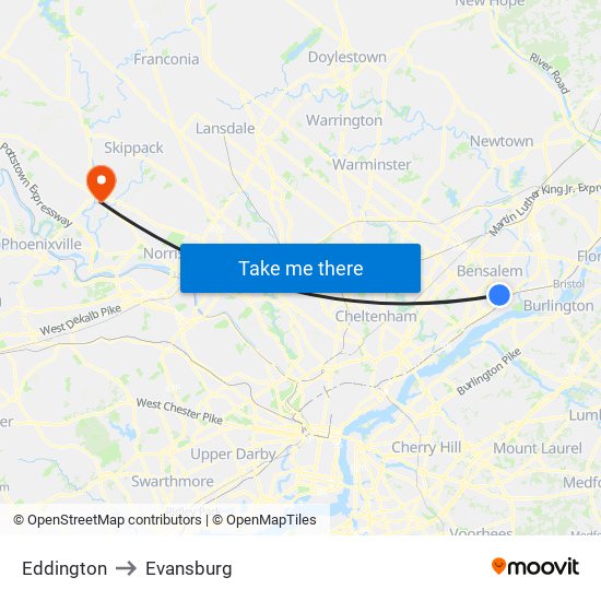 Eddington to Evansburg map