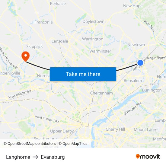 Langhorne to Evansburg map