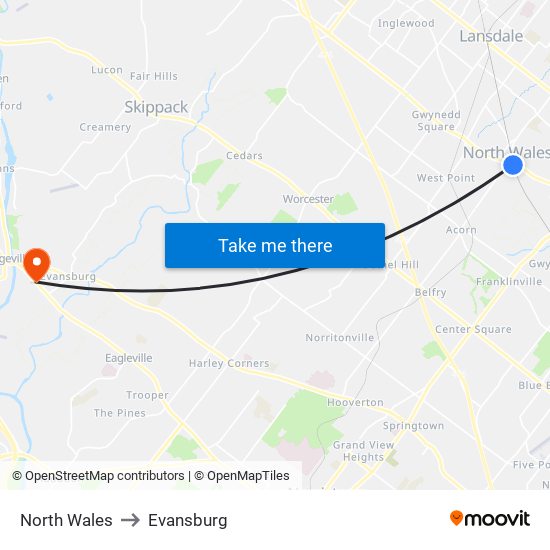 North Wales to Evansburg map