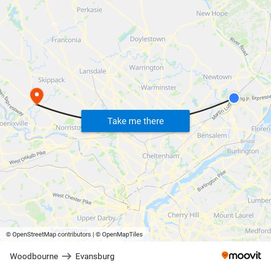 Woodbourne to Evansburg map