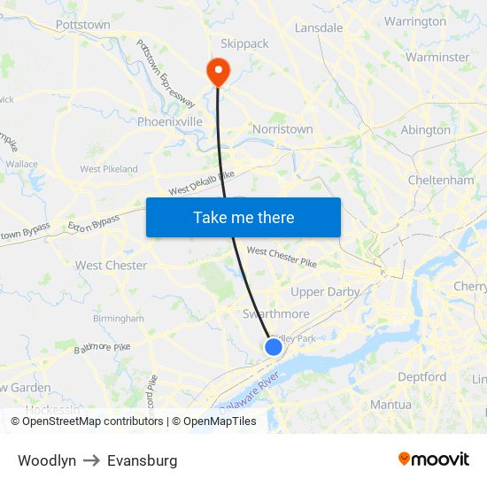 Woodlyn to Evansburg map