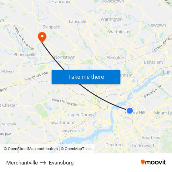 Merchantville to Evansburg map