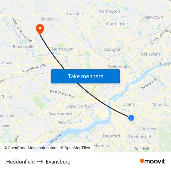 Haddonfield to Evansburg map