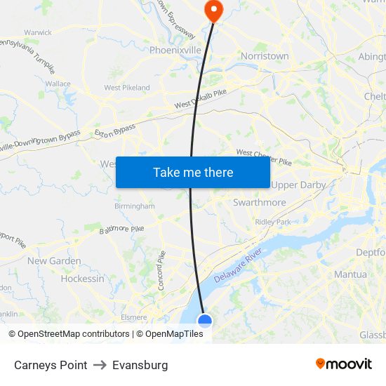 Carneys Point to Evansburg map