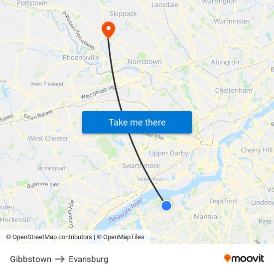 Gibbstown to Evansburg map