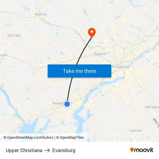 Upper Christiana to Evansburg map