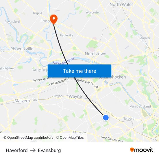 Haverford to Evansburg map