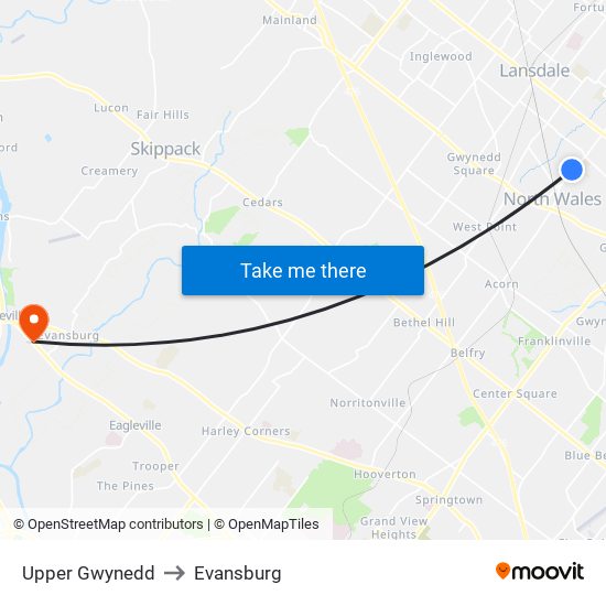 Upper Gwynedd to Evansburg map