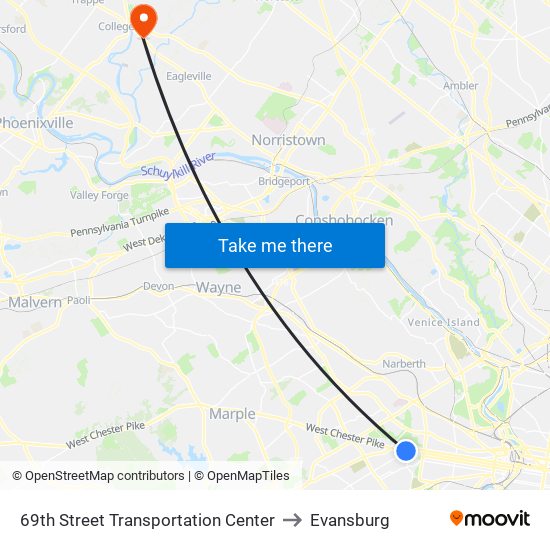 69th Street Transportation Center to Evansburg map