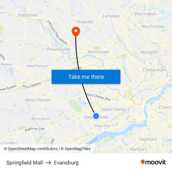 Springfield Mall to Evansburg map