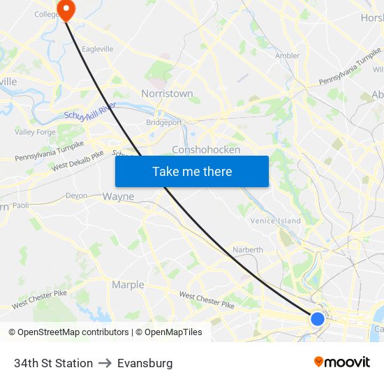 34th St Station to Evansburg map