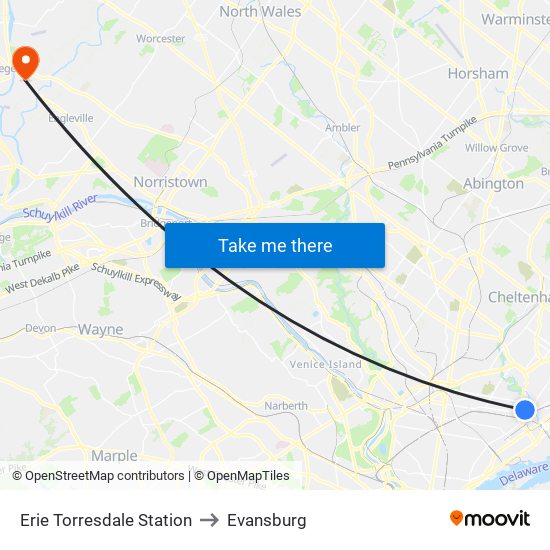 Erie Torresdale Station to Evansburg map