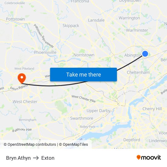 Bryn Athyn to Exton map