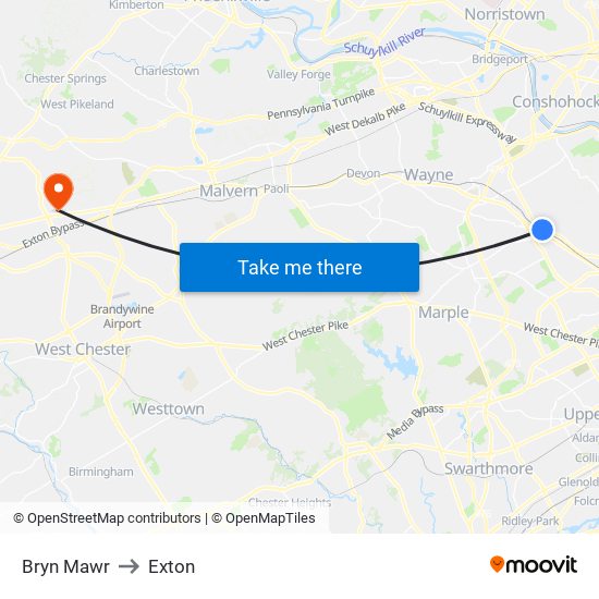 Bryn Mawr to Exton map