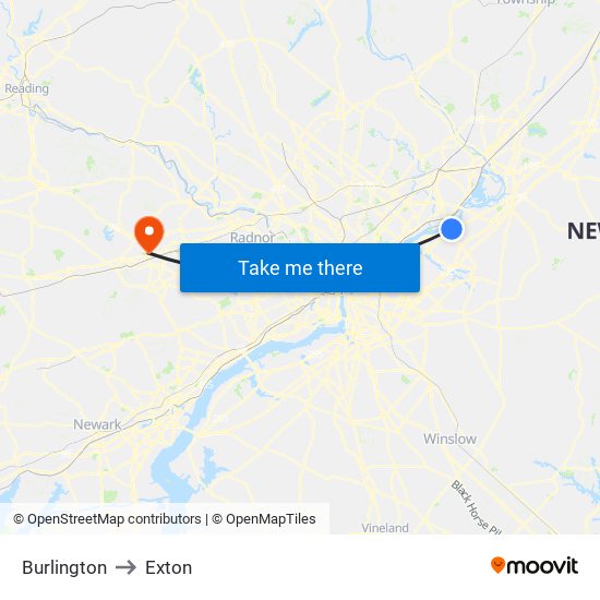 Burlington to Exton map