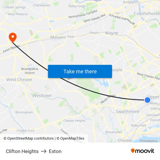 Clifton Heights to Exton map
