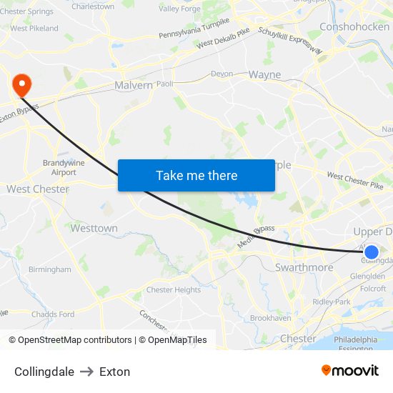 Collingdale to Exton map